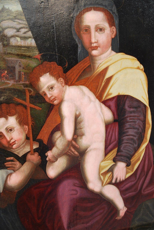 Vierge, Saint Jean Baptiste Et l'enfant Jésus , Huile XVIe Renaissance Italienne