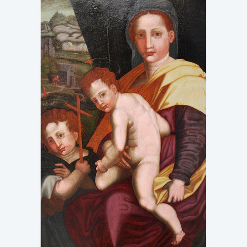 Vierge, Saint Jean Baptiste Et l'enfant Jésus , Huile XVIe Renaissance Italienne
