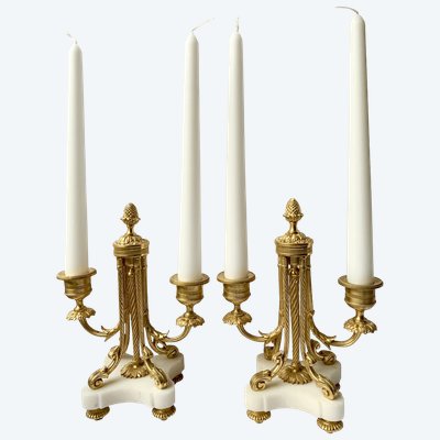 Paire De Chandeliers Bougeoirs Candélabres Bronze Dorée Marbre Style Louis XVI