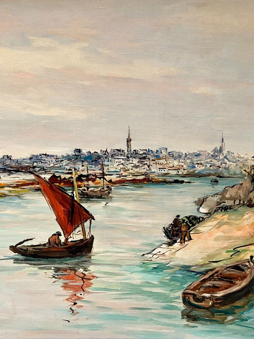 Joseph Crozes (actif Des Années 1930 à 1950), Tableau Vue De Douarnenez Depuis Tréboul.