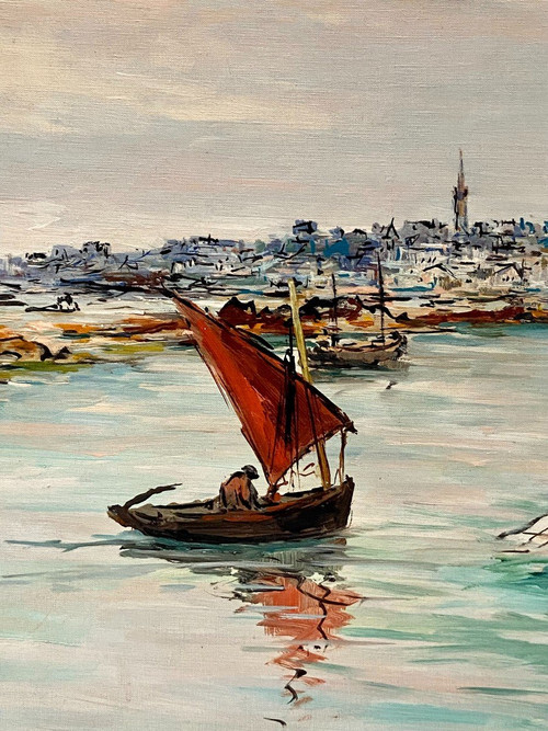 Joseph Crozes (actif Des Années 1930 à 1950), Tableau Vue De Douarnenez Depuis Tréboul.