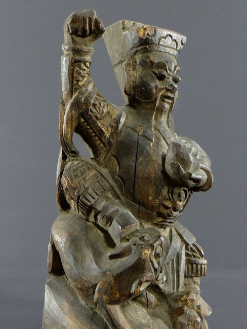 Cina, XIX Secolo O Precedente, Statua Di Chao Kung Ming In Legno Intagliato, Dio Della Ricchezza.