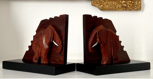 France, 1930s/1950s, Pair Of Elephant Bookends In Wood And Metal.