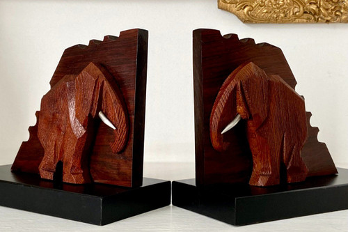 France, 1930s/1950s, Pair Of Elephant Bookends In Wood And Metal.
