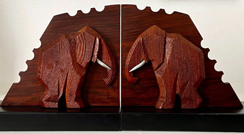 France, 1930s/1950s, Pair Of Elephant Bookends In Wood And Metal.