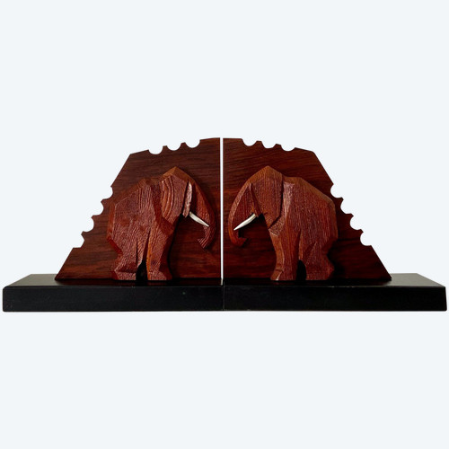 France, 1930s/1950s, Pair Of Elephant Bookends In Wood And Metal.