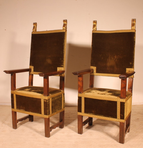 Pair Of Italian Armchairs In Walnut Circa 1600