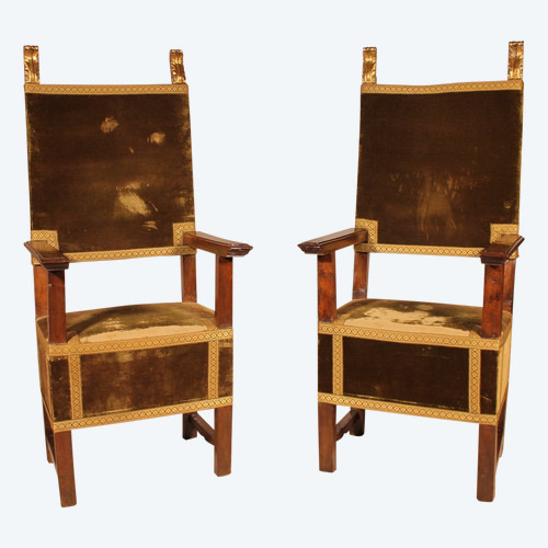 Pair Of Italian Armchairs In Walnut Circa 1600