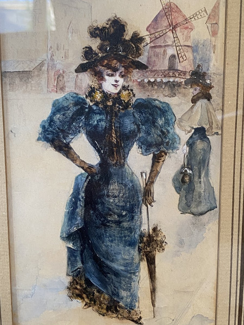 Scuola francese, La Parisienne Au Moulin Rouge, Acquarello Circa 1900 - Monogrammato