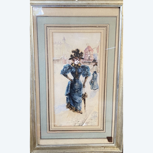 Scuola francese, La Parisienne Au Moulin Rouge, Acquarello Circa 1900 - Monogrammato