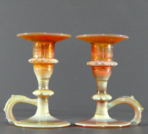 Italy, Most Probably Venice, 1950s, Pair Of Iridescent Blown Glass Candlesticks.