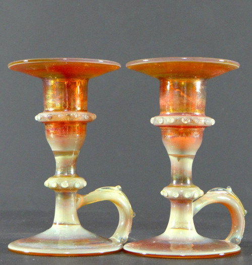 Italy, Most Probably Venice, 1950s, Pair Of Iridescent Blown Glass Candlesticks.