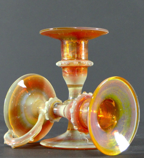 Italy, Most Probably Venice, 1950s, Pair Of Iridescent Blown Glass Candlesticks.