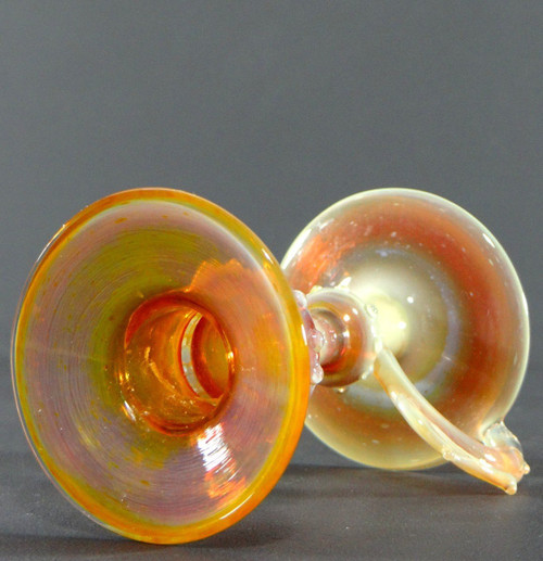 Italy, Most Probably Venice, 1950s, Pair Of Iridescent Blown Glass Candlesticks.