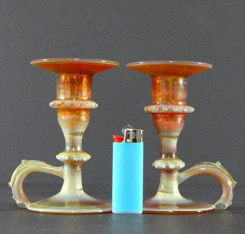Italy, Most Probably Venice, 1950s, Pair Of Iridescent Blown Glass Candlesticks.