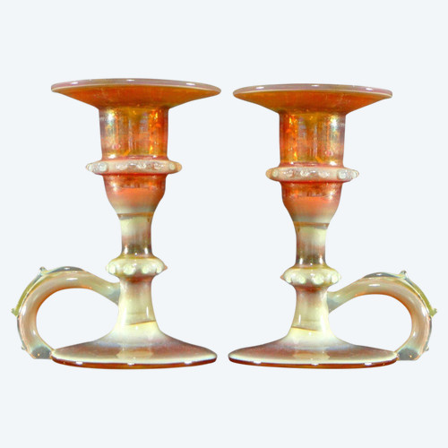 Italy, Most Probably Venice, 1950s, Pair Of Iridescent Blown Glass Candlesticks.