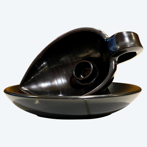 France, Poterie d'Accolay, Années 1960, Bougeoir En Céramique Et Sa Coupelle.