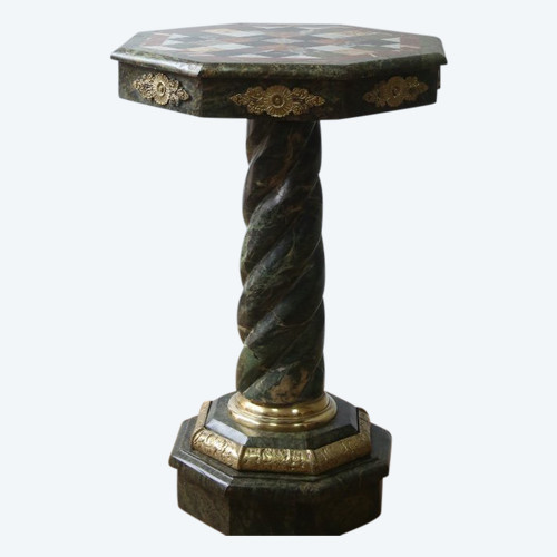 Empire-style pedestal table in green marble and marble marquetry