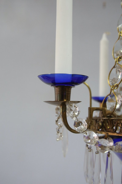 Lustre en bronze, verre taillé et verre bleu cobalt de style Gustavien, Suède