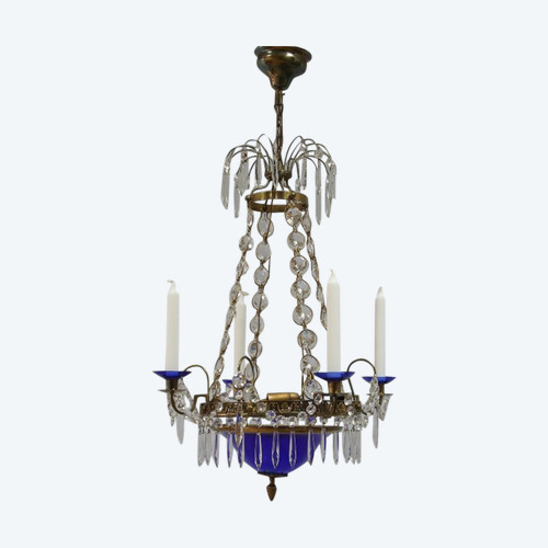 Lustre en bronze, verre taillé et verre bleu cobalt de style Gustavien, Suède