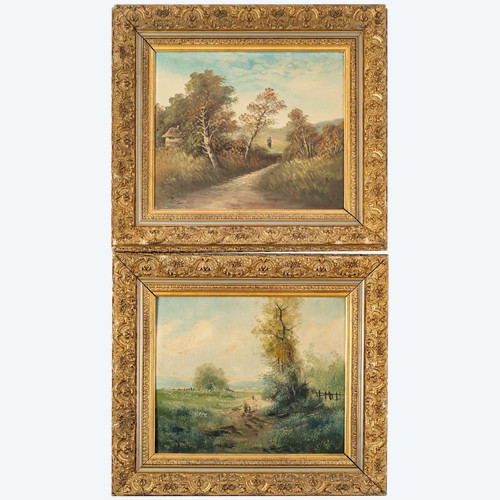 Pair Of Oil Paintings On Canvas Soy-wood Landscape Late Nineteenth