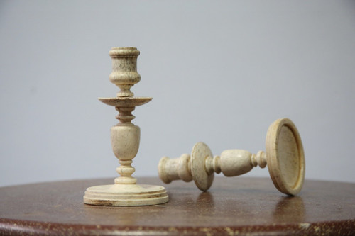Pair of small turned bone candlesticks, 19th century