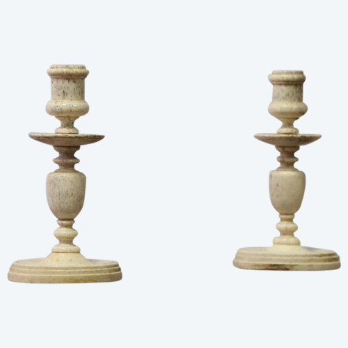 Pair of small turned bone candlesticks, 19th century