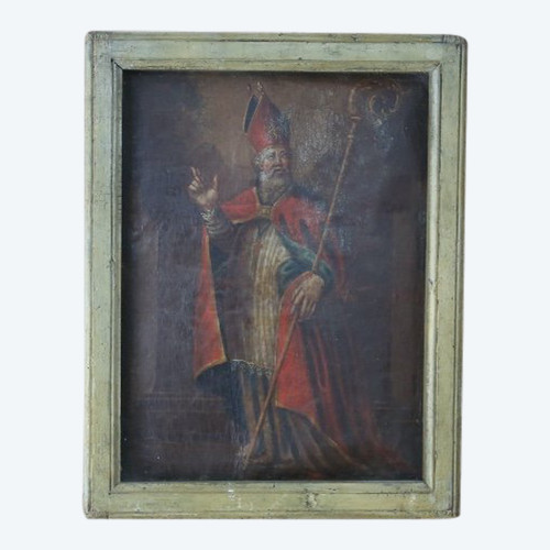 Bemaltes Leder - Fragment eines Antependiums Bischof St Martin XVIII. Jahrhundert