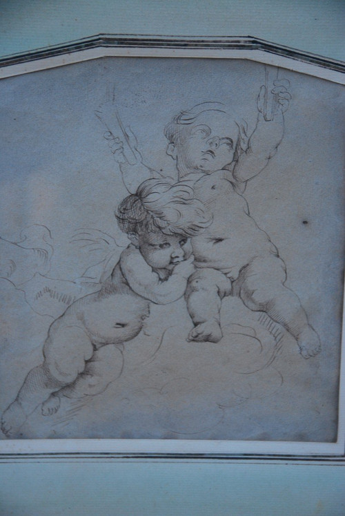 Dessin à La Plume Deux Putti, école XVIIIe d'après Boucher