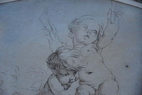 Dessin à La Plume Deux Putti, école XVIIIe d'après Boucher