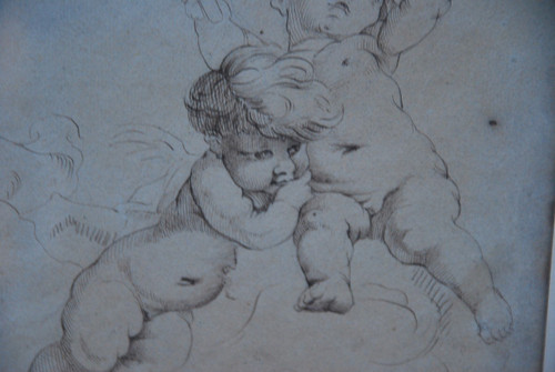 Dessin à La Plume Deux Putti, école XVIIIe d'après Boucher