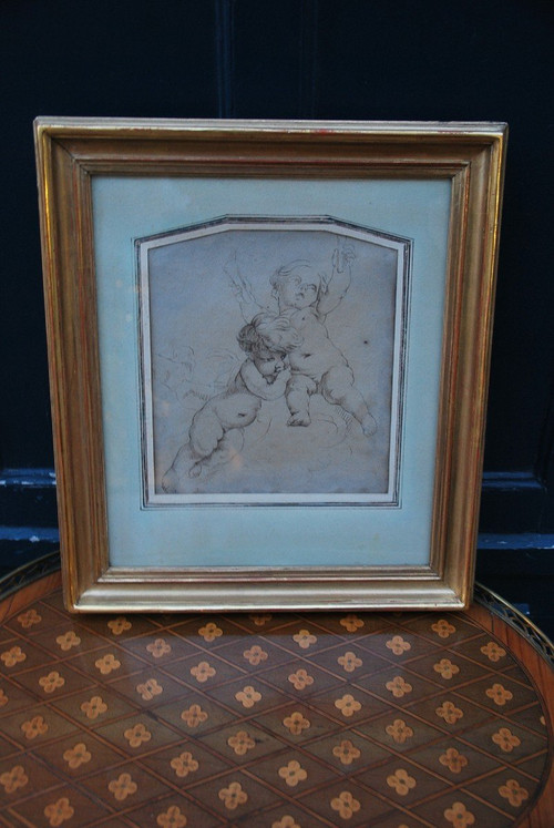 Dessin à La Plume Deux Putti, école XVIIIe d'après Boucher