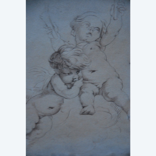 Dessin à La Plume Deux Putti, école XVIIIe d'après Boucher