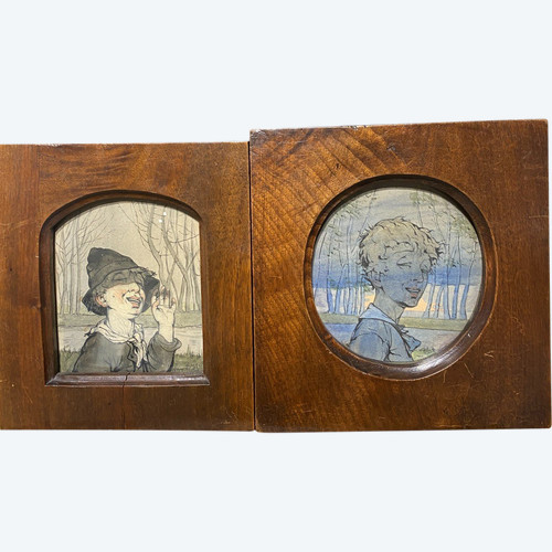 Art Nouveau Work - Two Portraits of Children - Indecipherable Signatures