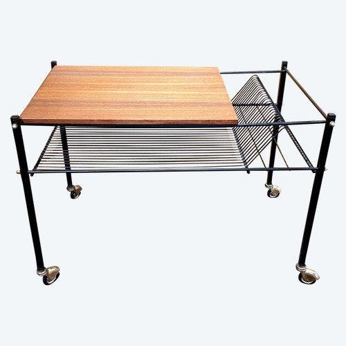 France, 1960s, Coffee Table On Wheels For Storage Records And Books.