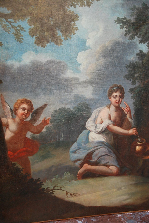 Huile XVIIIe siècle Jeune Femme à  L Amour