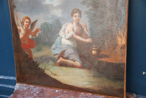 Huile XVIIIe siècle Jeune Femme à  L Amour
