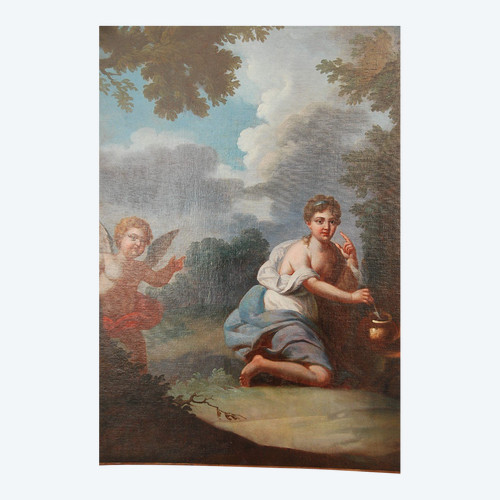 Huile XVIIIe siècle Jeune Femme à  L Amour