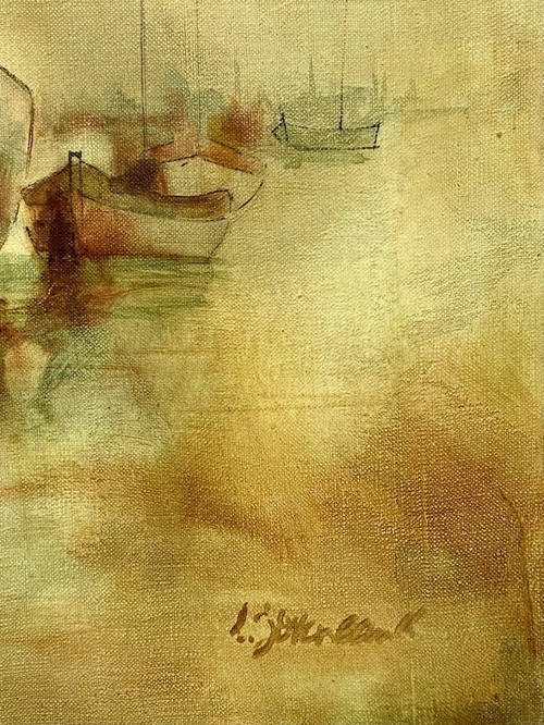 Lucien Joveneaux (1927-1996), Gemälde Landschaft mit Booten im Hafen.