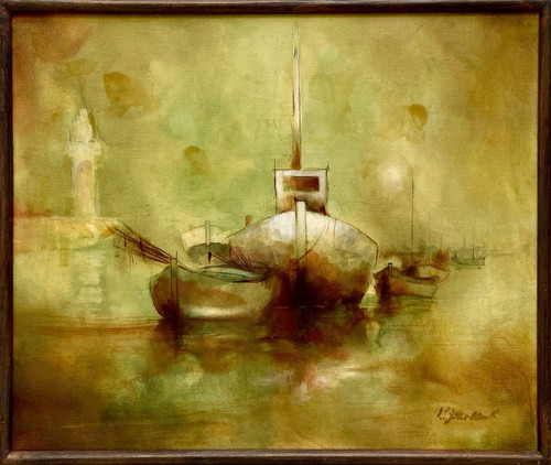 Lucien Joveneaux (1927-1996), Gemälde Landschaft mit Booten im Hafen.