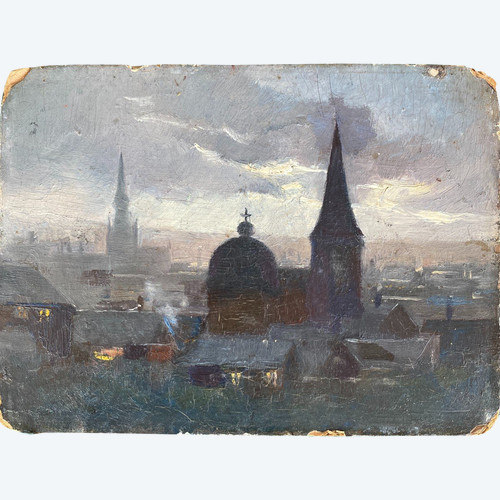 Scuola belga - Veduta dei tetti di Liegi, 1899 - Firmato sul retro