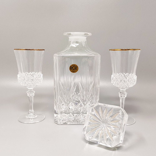 1970 Magnifique carafe en cristal avec 2 verres en cristal par RCR. Fabriqué en Italie