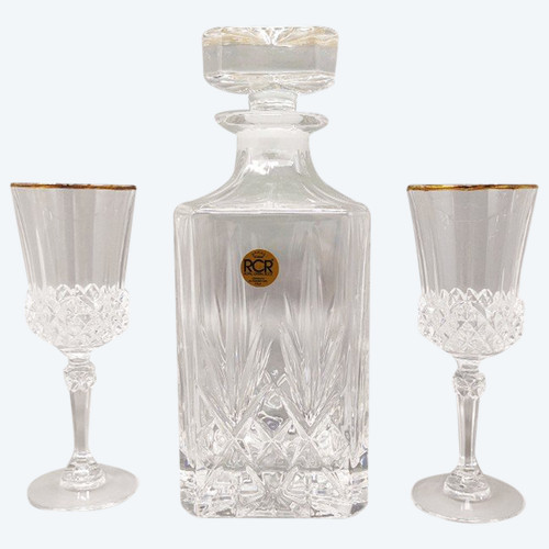 1970 Magnifique carafe en cristal avec 2 verres en cristal par RCR. Fabriqué en Italie