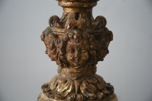 Carved, gilded and painted wood candleholder, Spanish work, 17th century