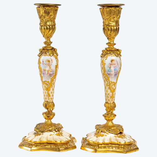 Pair Of Small Miniature Candlesticks In Porcelain And Gilt Bronze 19th Century
