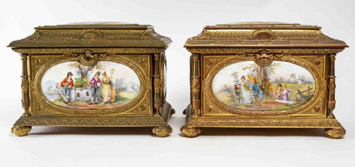 Importante Paire De Coffrets A Bijoux En Bronze Doré Et Plaques En Porcelaine XIXème Siècle
