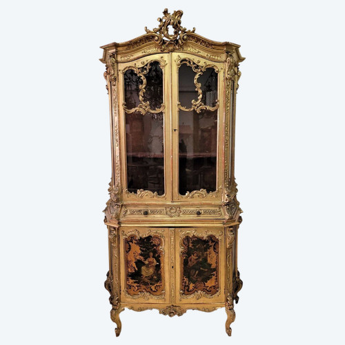 Vitrine En Bois Doré Et Vernis Martin Fin XIXème Siècle