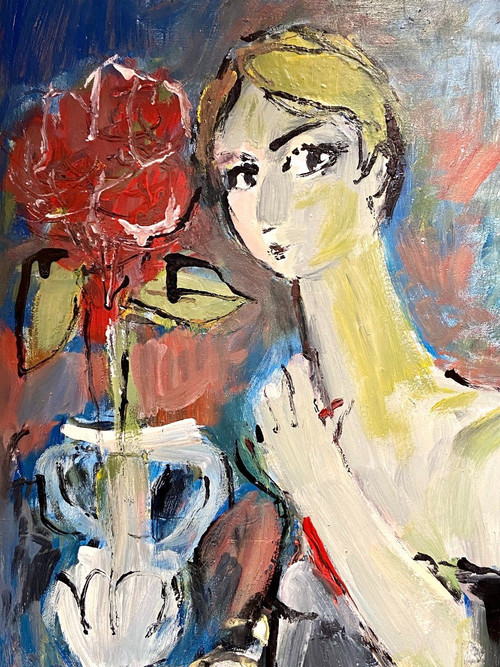 Mario Bonamici (1912-2002), Young Elegant Painting a La Fleur Rouge.