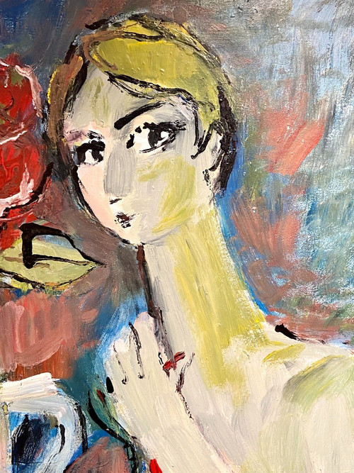 Mario Bonamici (1912-2002), Young Elegant Painting a La Fleur Rouge.