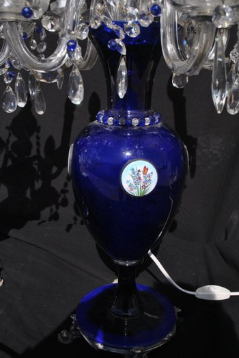 Pair Of Blue Blown Glass And Bohemian Crystal Lamp XIX or XX